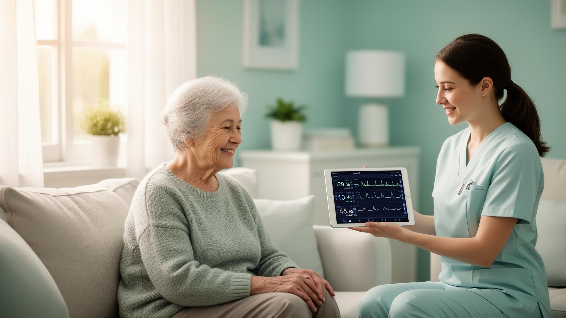 A Health Shield caregiver reviewing live vitals with a patient at home